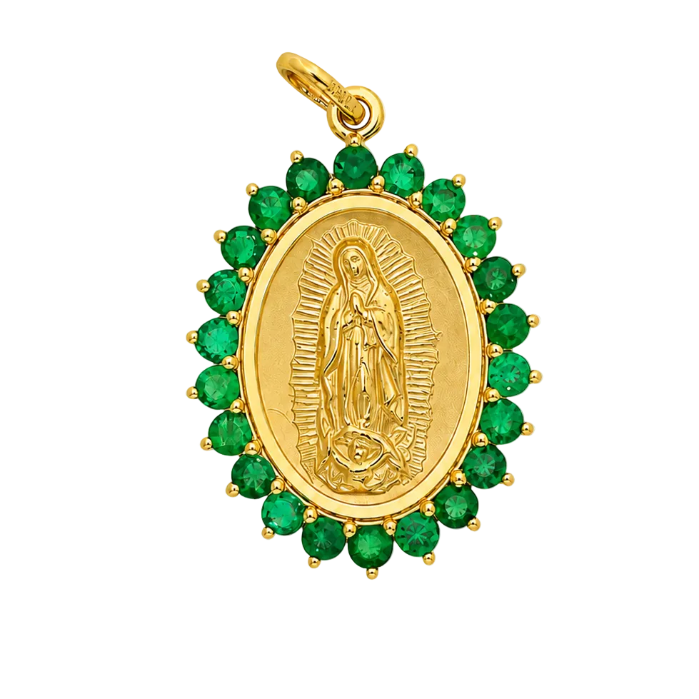 Medalla de la virgen de Guadalupe con bisel de esmeraldas