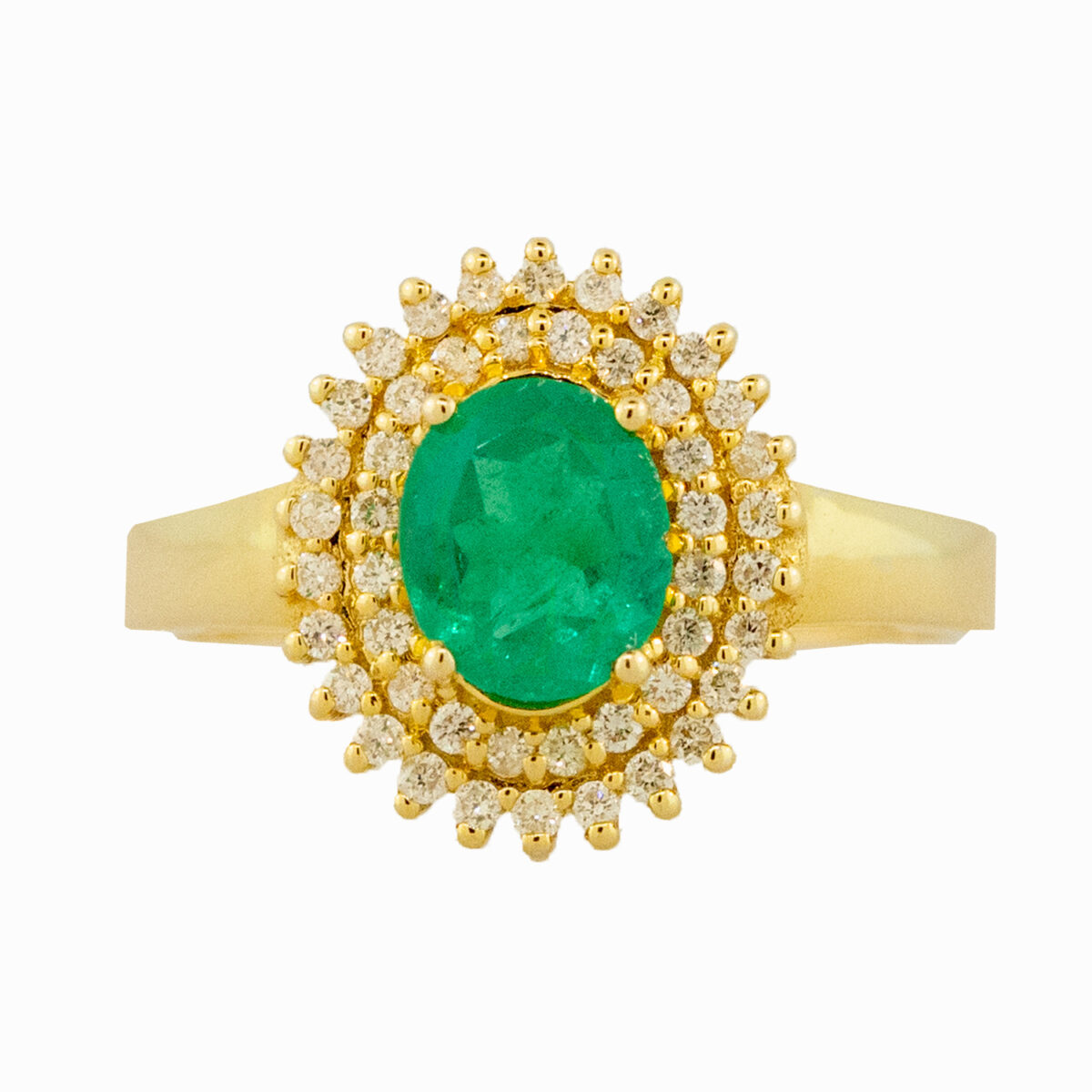 Anillo de oro amarillo 14K con 46 diamantes que hacen un total de .25ct y 1 esmeralda de .85ct