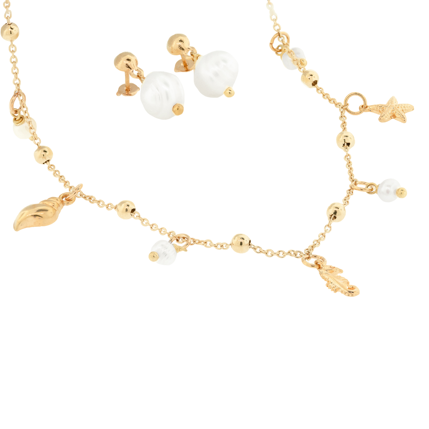 Set de aretes con collar de chapa con perlas artificiales y decoración de mar 
